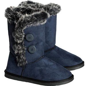 Fur Lined Twin Button Mid Calf Flat Women's Rita Winter Fleece Boots Low Heel
